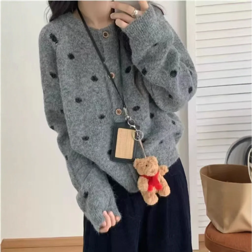 Small Dot Print Knitted Sweater Autumn Spring Long Sleeve Cardigan