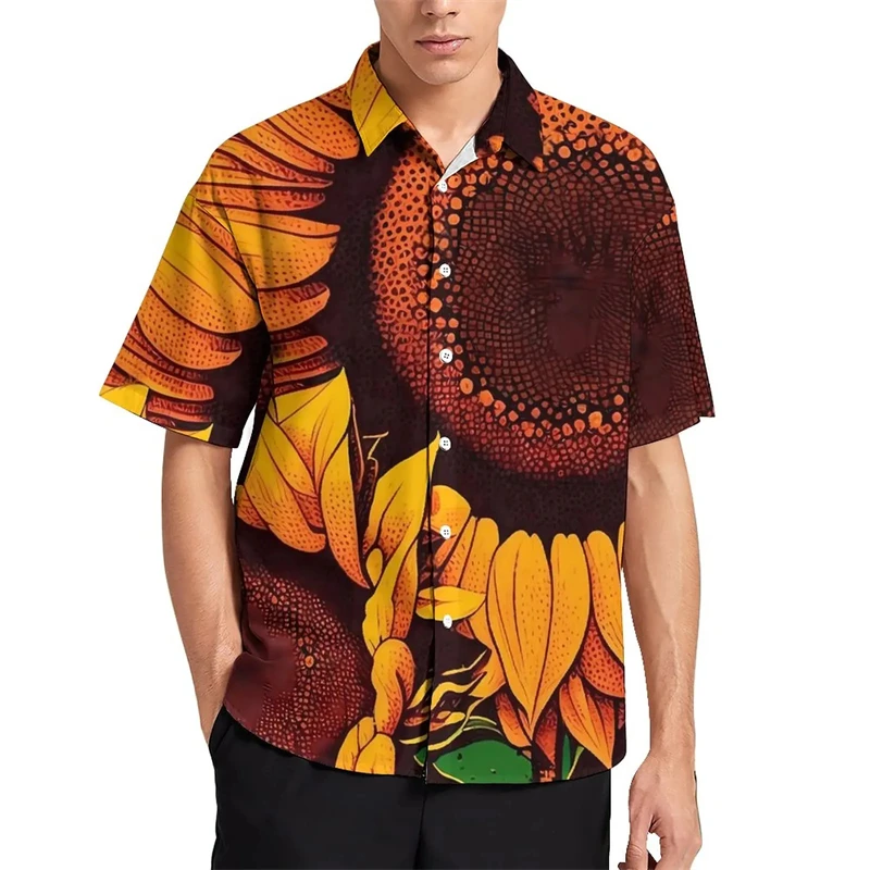 3D Printed Sunflower Plant Blouses Purple Flower Graphic Beach Shirts For Men Clothes Vacation Y2k Short Sleeve Boy Button Tops 4