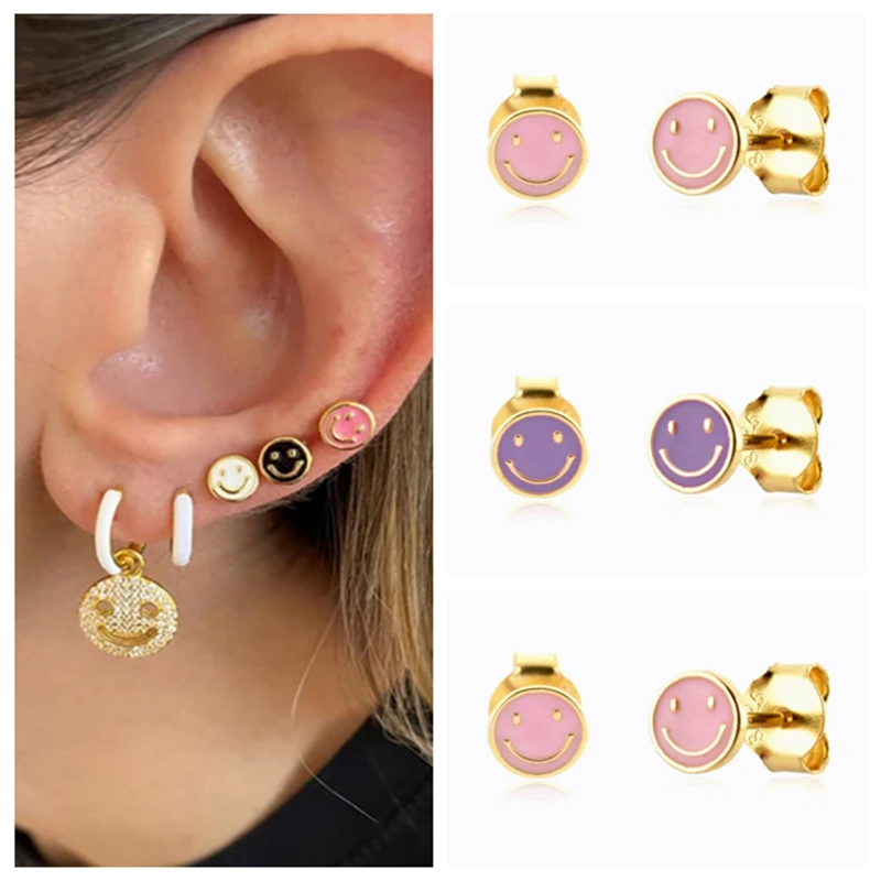 

925 Sterling Silver Needle Enamel Oil Drip Smile face Stud Earrings for Women 6 Colors Cute Piercing Earrings Wedding Jewelry