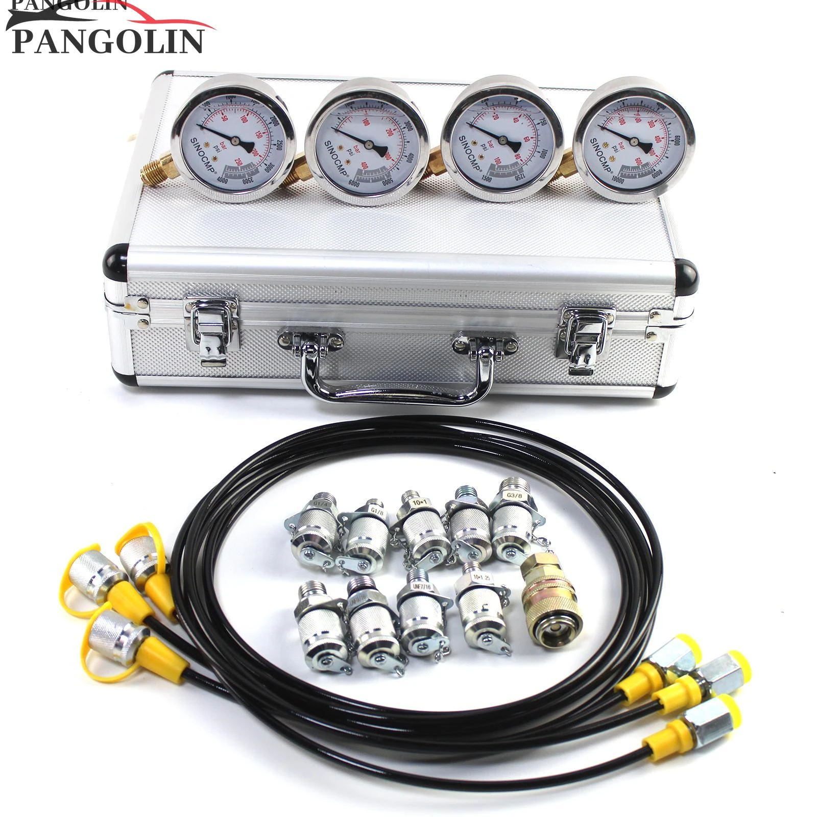 Hydraulic Pressure Test Gauge Kit w/ 4 Gauges 10/25/40/60Mpa & Silver