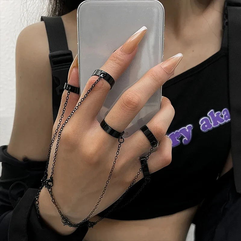 Punk Geometric Chain Wrist Bracelet Ring Women Men Open Ring Silver Link Chain Girls Cool Design Fashion Jewelry