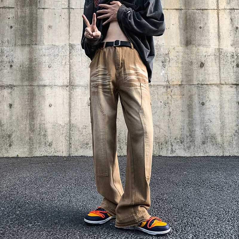 

2022 Men's Streetwear Brown Color Classic Casual Pants Stretch Slim Fit Cargo Pocket Jeans Biker Denim Streetwear Trousers S-XL