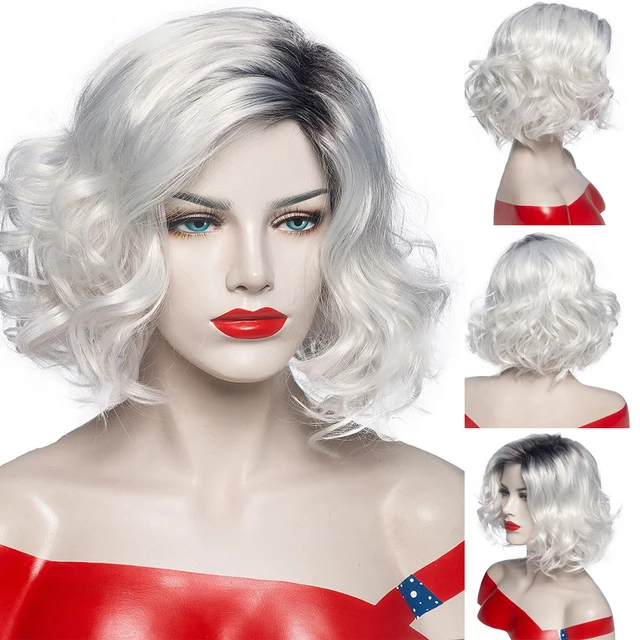 GNIMEGIL Short Synthetic Wigs for Women Glueless Brown Curly Wig with Bangs Natural Looking Mommy Wig Costume Family Party Hair Silver White