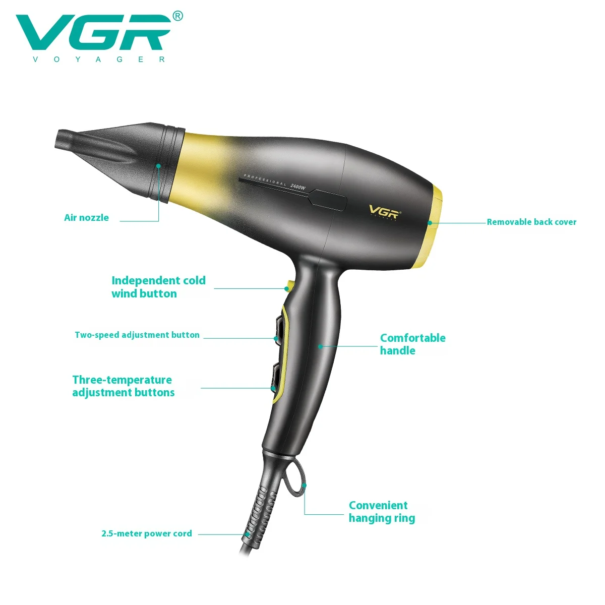 VGR2000-2400W ultra large wind power hair dryer, quick drying hair styling hair dryer, dormitory home gradient hair dryer V-461 - Image 2