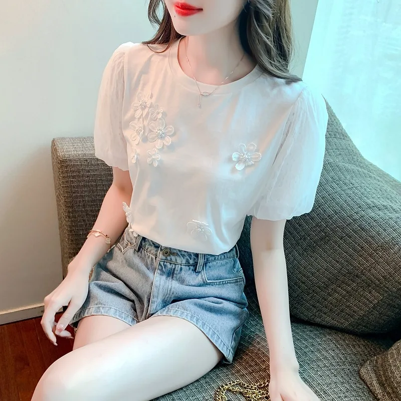 Women's Beading Flower Tops Short Sleeve T-shirts Casual Round Collar Clothes Summer White Tees New Sweet 8542