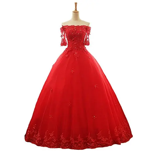 

ANGELSBRIDEP Vestido De Noiva Half Long Sleeve Red Quinceanera Dress Ball Gowns Tulle Women Sweet 16 Dress Vestidos De 15 Anos