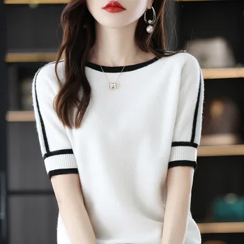 Summer Thin Korean Short Sleeve O Neck Patchwork Slimming Women Knitted Tops Casual Elegant Simple Pullover Lady T-shirt 1903 1