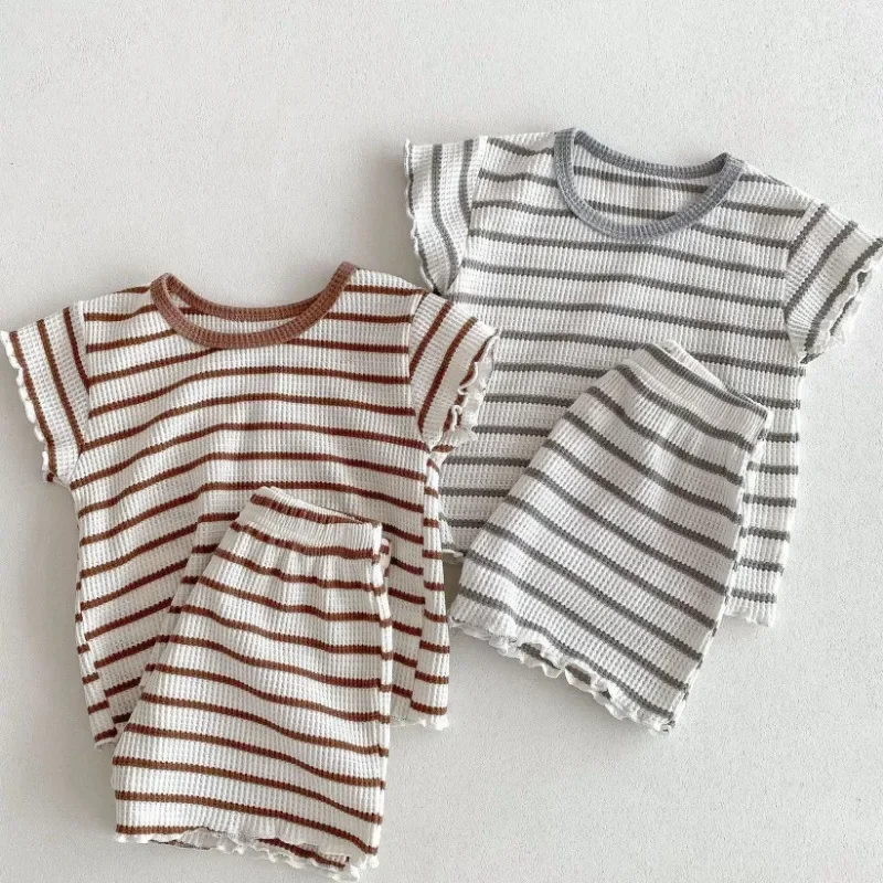 

2Pcs Baby Waffle Short Sleeve+Shorts Suit Children's Striped Cotton Ruffle Summer Pullover Kids Girls Pajamas Homewear Clothes