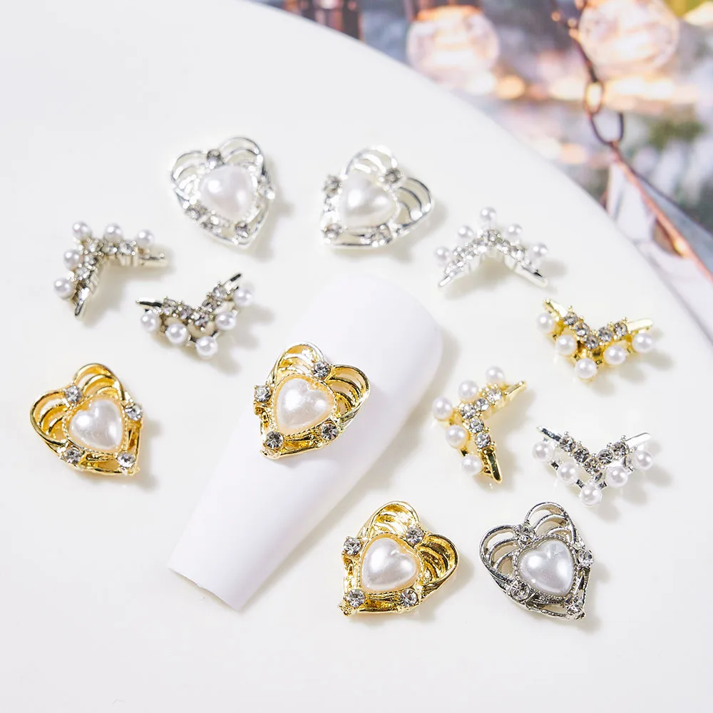 

10 Pcs Pearl Series Nail Decorations Gold/Silver V Shape Nail Accessories for DIY Pearls Rhinestones Heart Decor Gilrs Nails