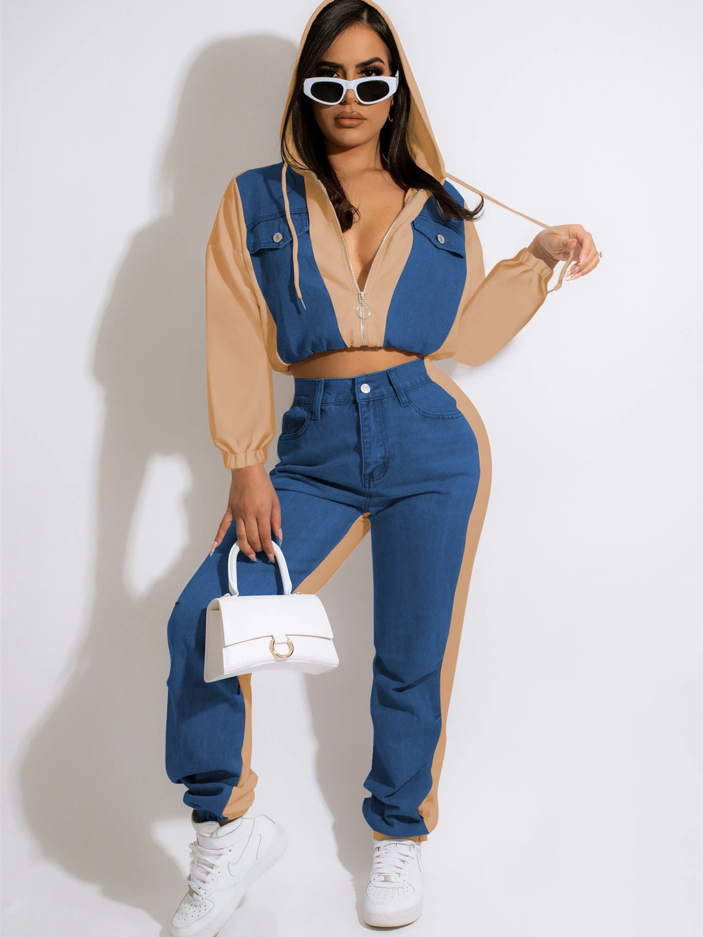 Streetwear Fashion Denim Stitching Two Piece Sets Womens Outifits Zipper Hooded Top + Casual Trousers Women's Matching Clothing