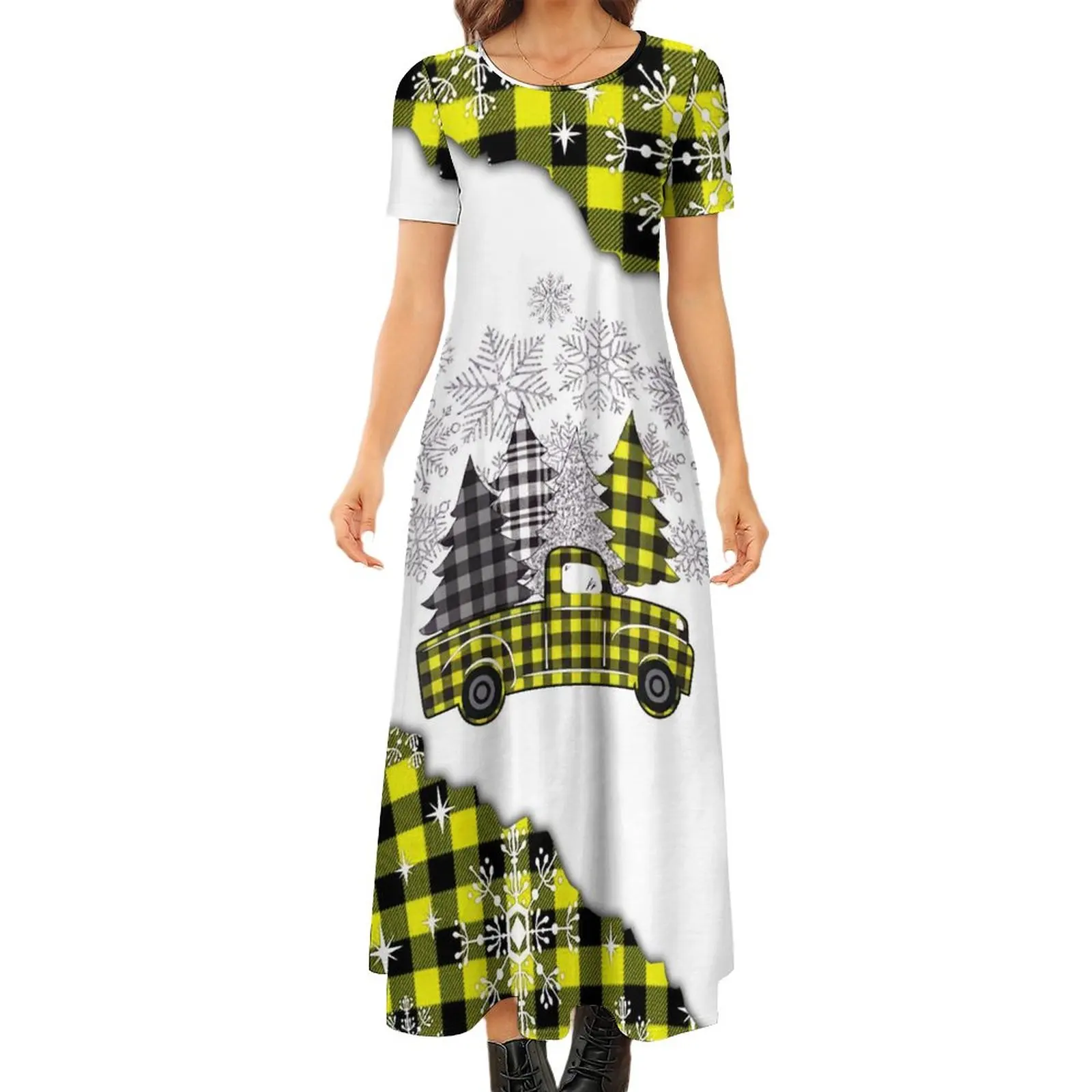 

Summer Short Sleeve Christmas Tree Printing Vintage Dresses For Women Fashion Female Clothing Loose Beach Elegant Maxi Dress