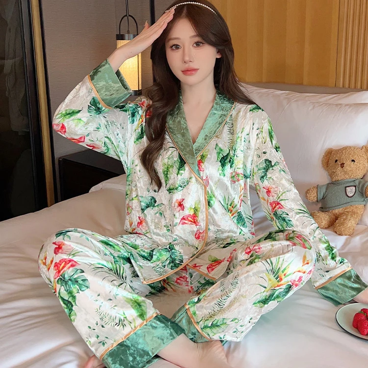 

Autumn Winter Women 2PCS Pajamas Set Velvet Sleepwear Nightwear Lace Pijamas Suit Casual Shirt&Pants Velour Homewear