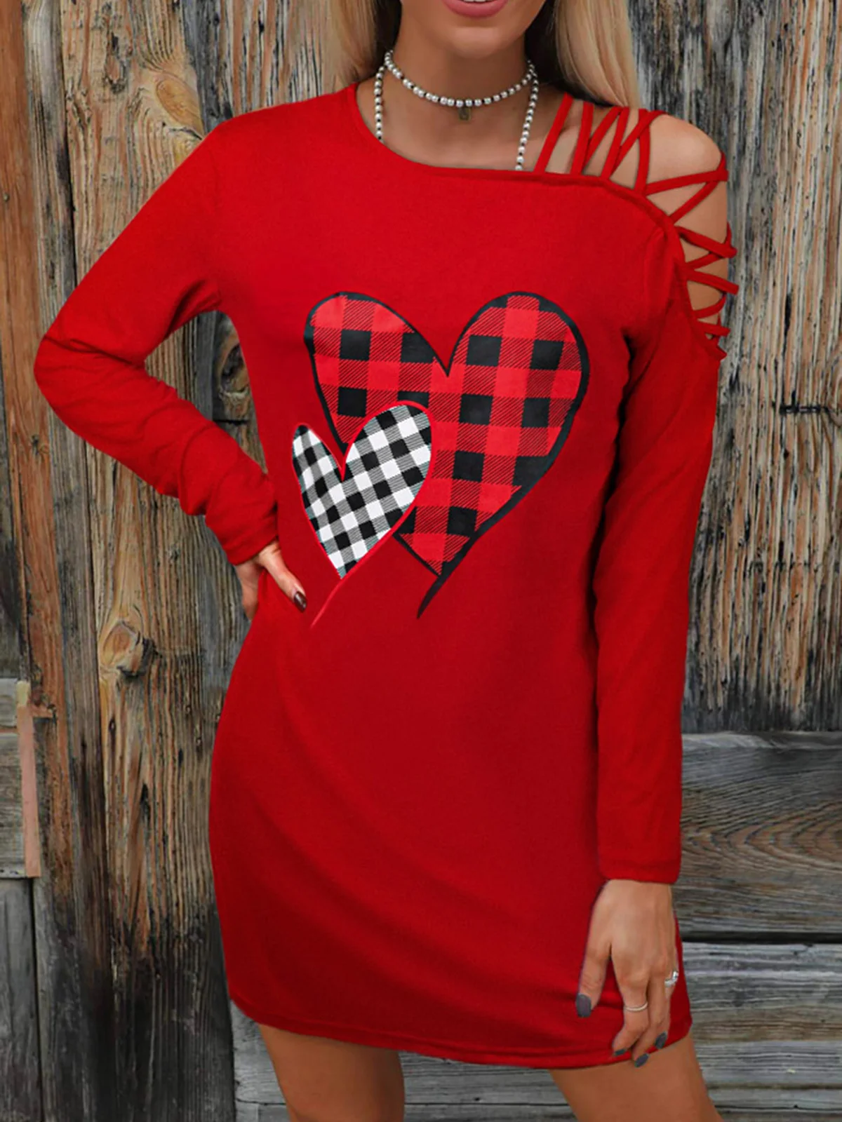 

Plaid Heart One Sided Cold Shoulder Mini Dress Red Sexy Mini Dress 2023 Christmas New Women Long sleeve Outfits Club Party Dress