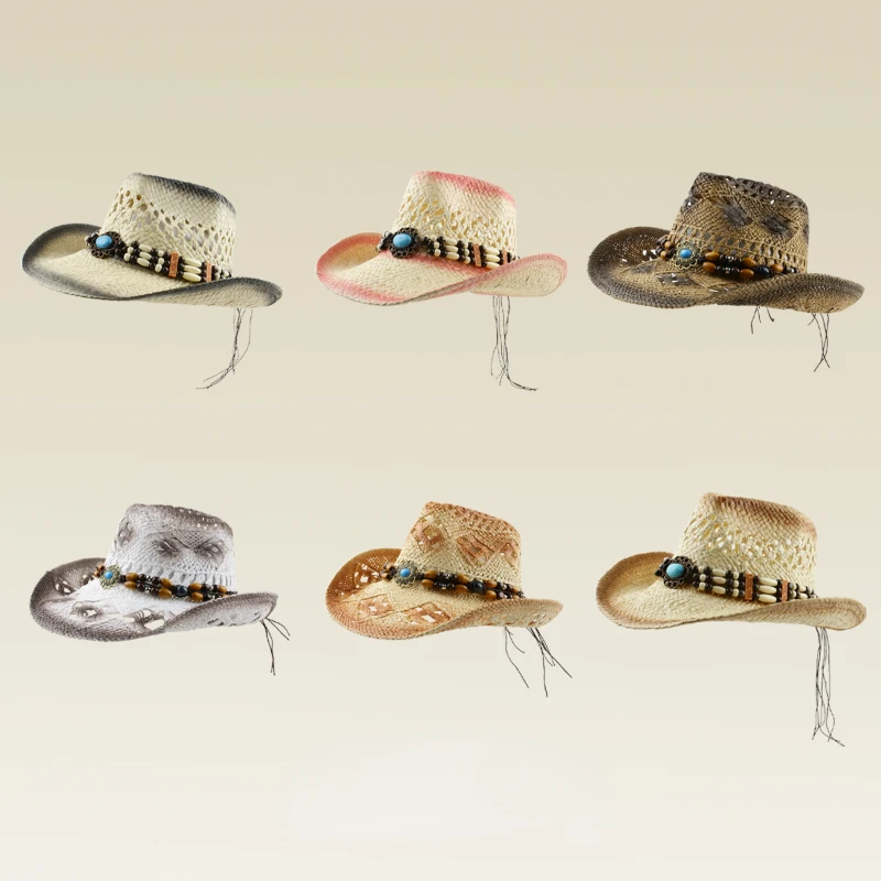 

2023 New Retro Gradient Western Cowboy Sun Hat Women Summer Natural Hollow Straw Hat Men Outdoor Travel Beach Hat Fashion Panama