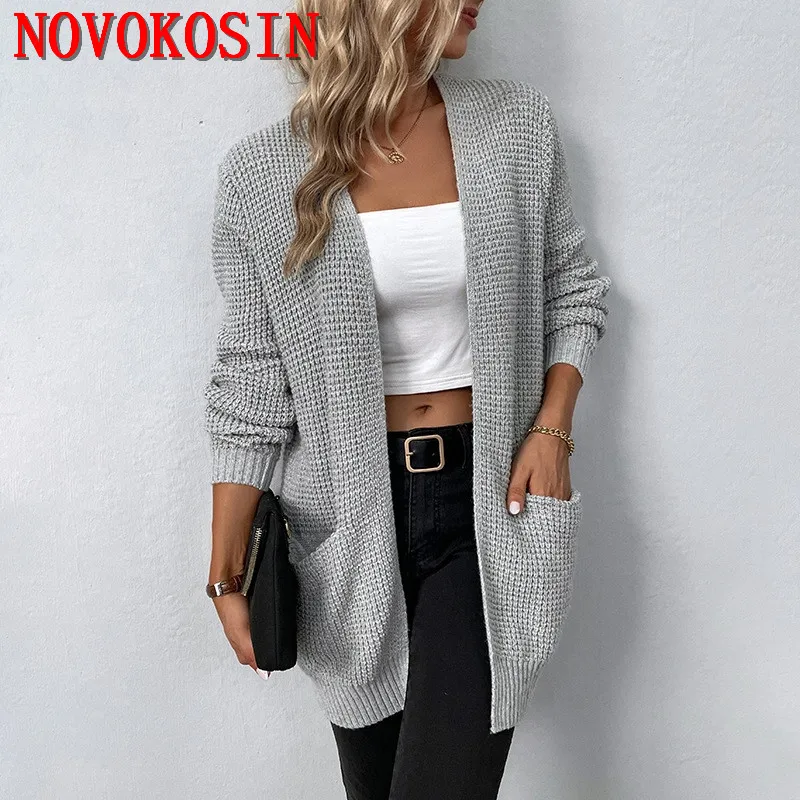 

S-XL Long Sleeves Cardigan Vintage Sweater Winter Women Knitted Outstreet Coat Oversize Loose Knitwear With Pocket
