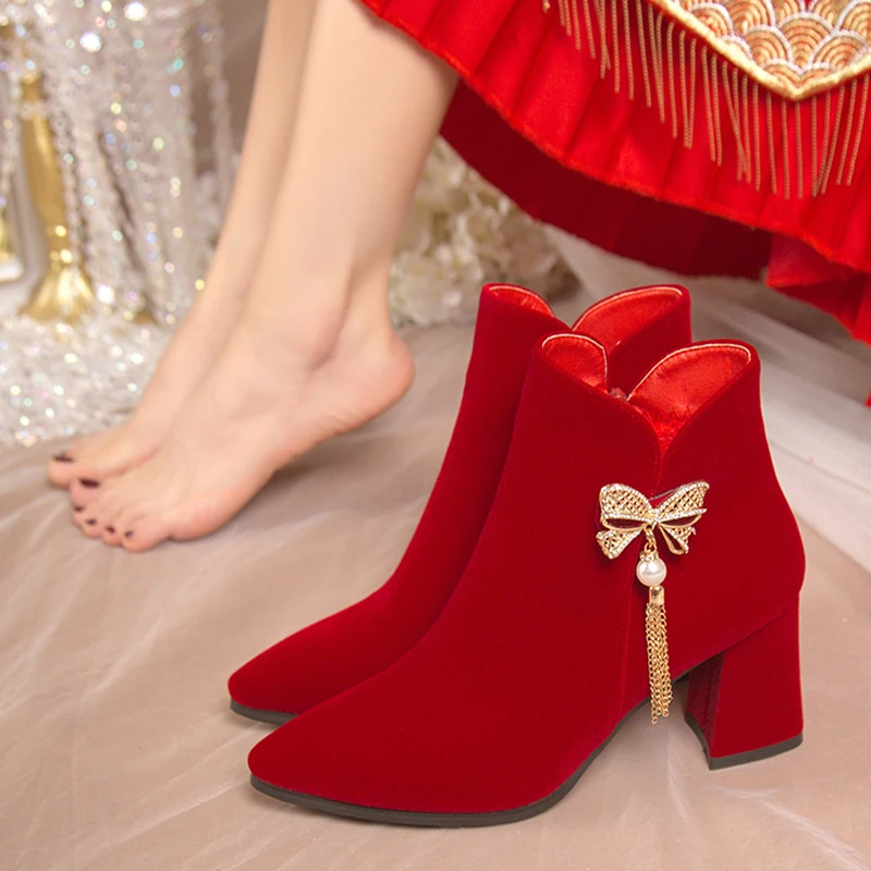 NEW Boots Flat Platform Women's Low Shoes Zipper Winter Footwear Clogs Ankle High Heel Pointy Rubber Red Ladies 2024 Pointed Toe