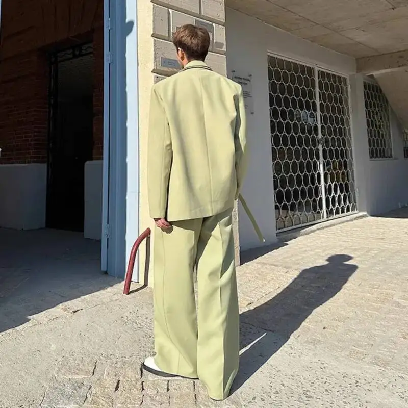WVGA 봄 가을 신상 남성 더블 칼라 스트랩 디자인 트렌디 블레이저 스트레이트 니치 시크 캐주얼 수트 팬츠 투피스 세트 W7258