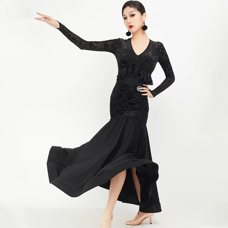 

2023 New Ballroom Dance Performance Costumes For Women V-Neck Tops Waltz Big Swing Skirt Suit Female Modern Dance Dress DQS13974