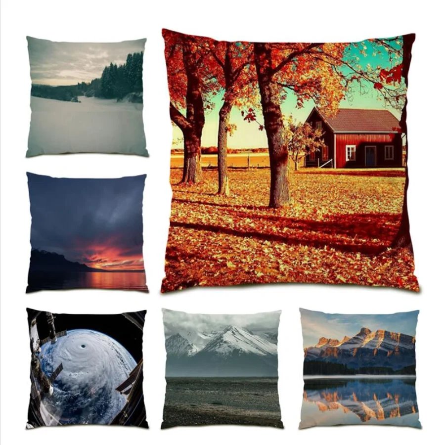 

Наволочка для подушки с изображением Снежной Горы и реки, 45x45, домашний декор, декоративные Квадратные наволочки для подушек для гостиной, закат, фотография, E0991
