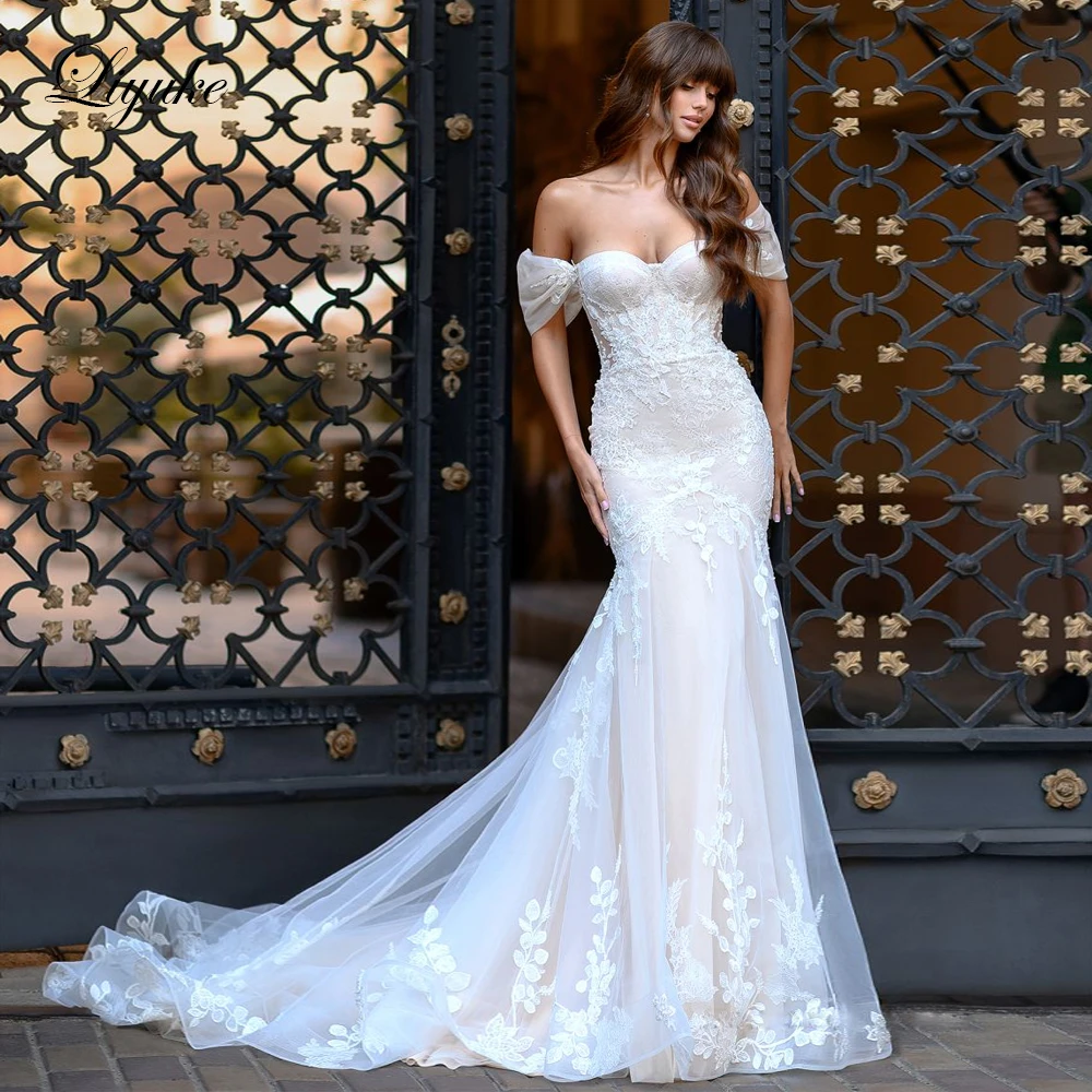 

Liyuke Beauty Lace Mermaid Wedding Dress Appliques Off Shoulder Sleeves Sweetheart Trumpet Bridal Gowns