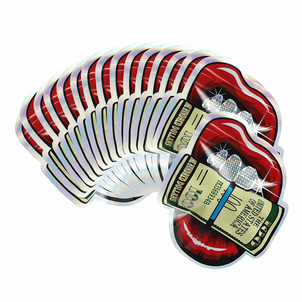 

3.5 Mylar Bags Flat Die Cut Hollographic Dollar Lip Shaped Printed Smell Proof Heat Sealing Aluminum Foil Zipper Lock Bag