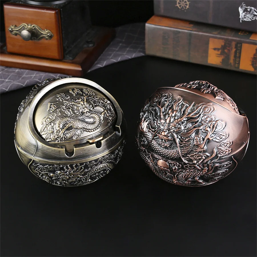 Dragon patterned spherical metal ashtray lid design Living room Office desktops 1
