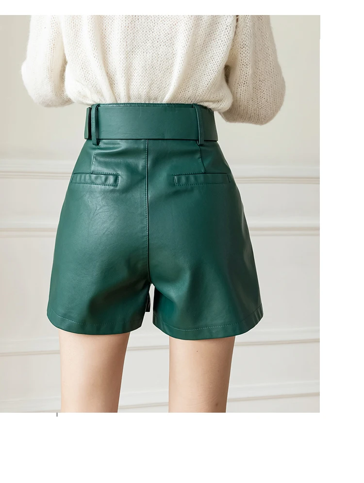 High Street PU Leather Shorts Women Autumn Winter Plus Size Wide Leg High Waist Shorts Feminino With Belt Fashion Short Femme paperbag shorts