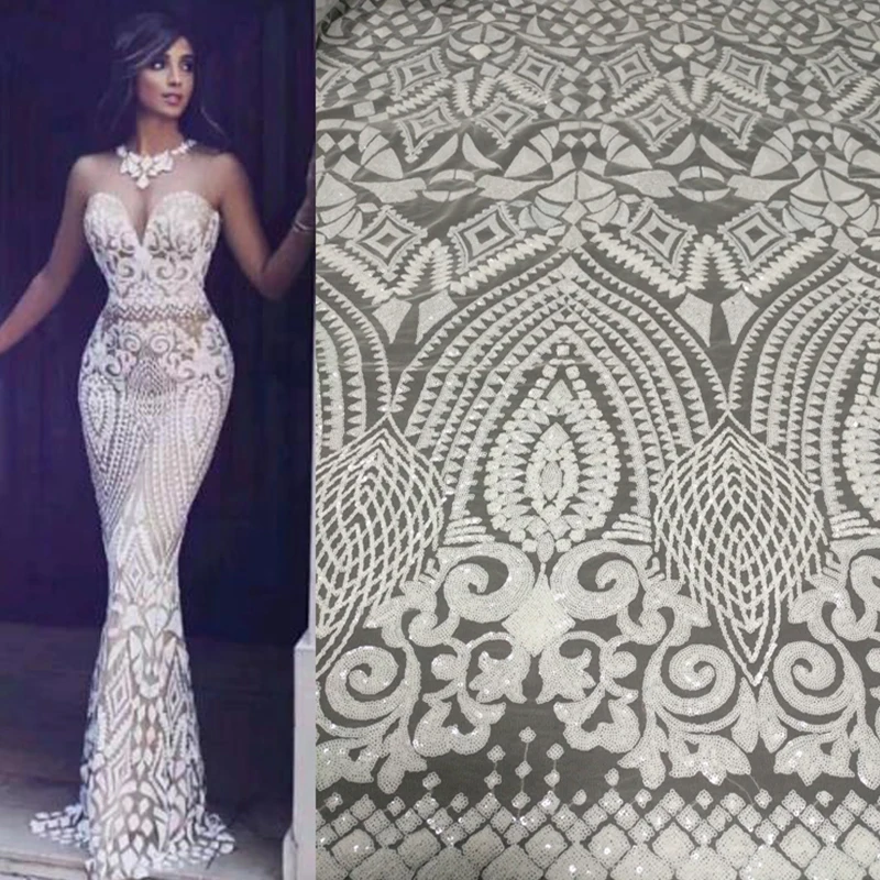 

African French Lace Fabric with sequins High Quality African Tulle Lace Fabric with sequins 5yards white sequin lace fabric