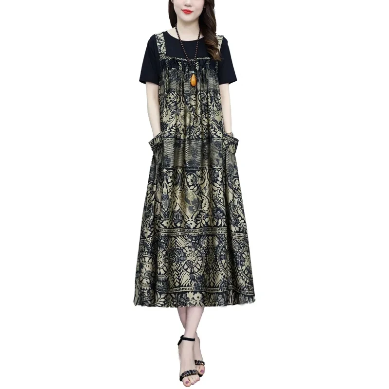 Mom's Floral Bib Skirt 2024 Summer New Korean The Niche Loose Cover Meat Cover Belly Slim Skirt Stitching Female A Word Skirt