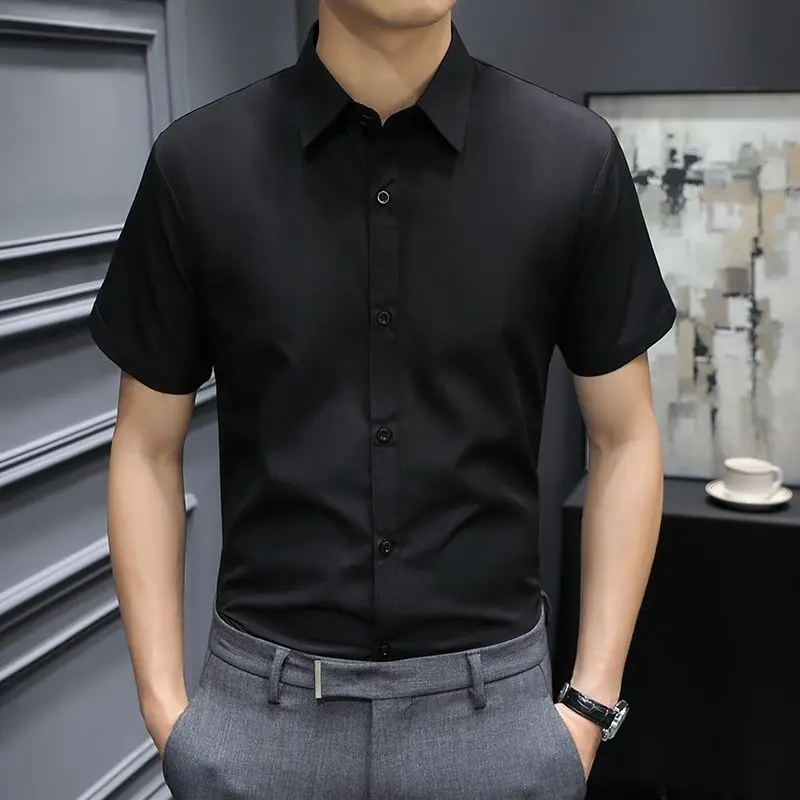 Fashion Lapel Button Short Sleeve Solid Color Business Shirts Men's Clothing 2024 Summer New Loose Korean Tops All-match Shirts
