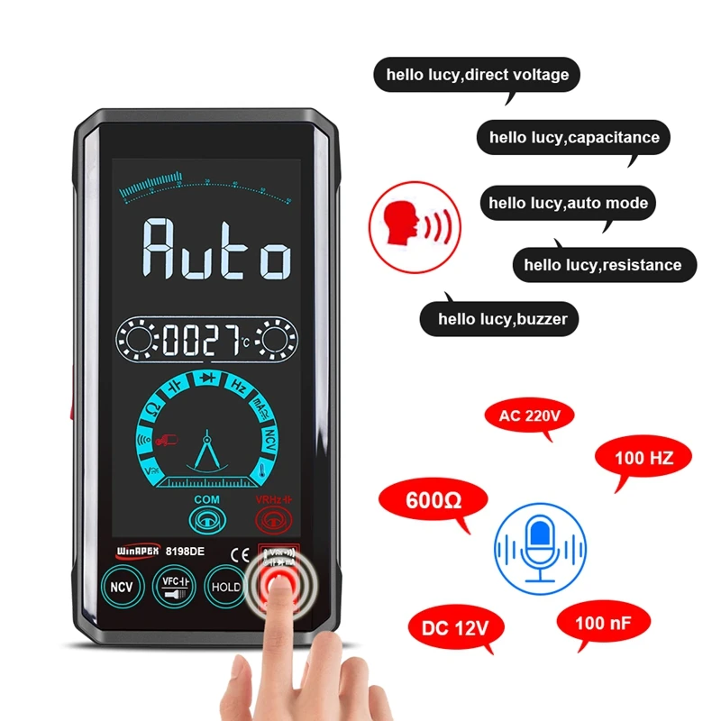 

WinAPEX 8198DE Digital Voice Control Multimeter 4.4" Touch Screen TRMS VFC Voltage Current Resistance Meter Input Jack Indicator