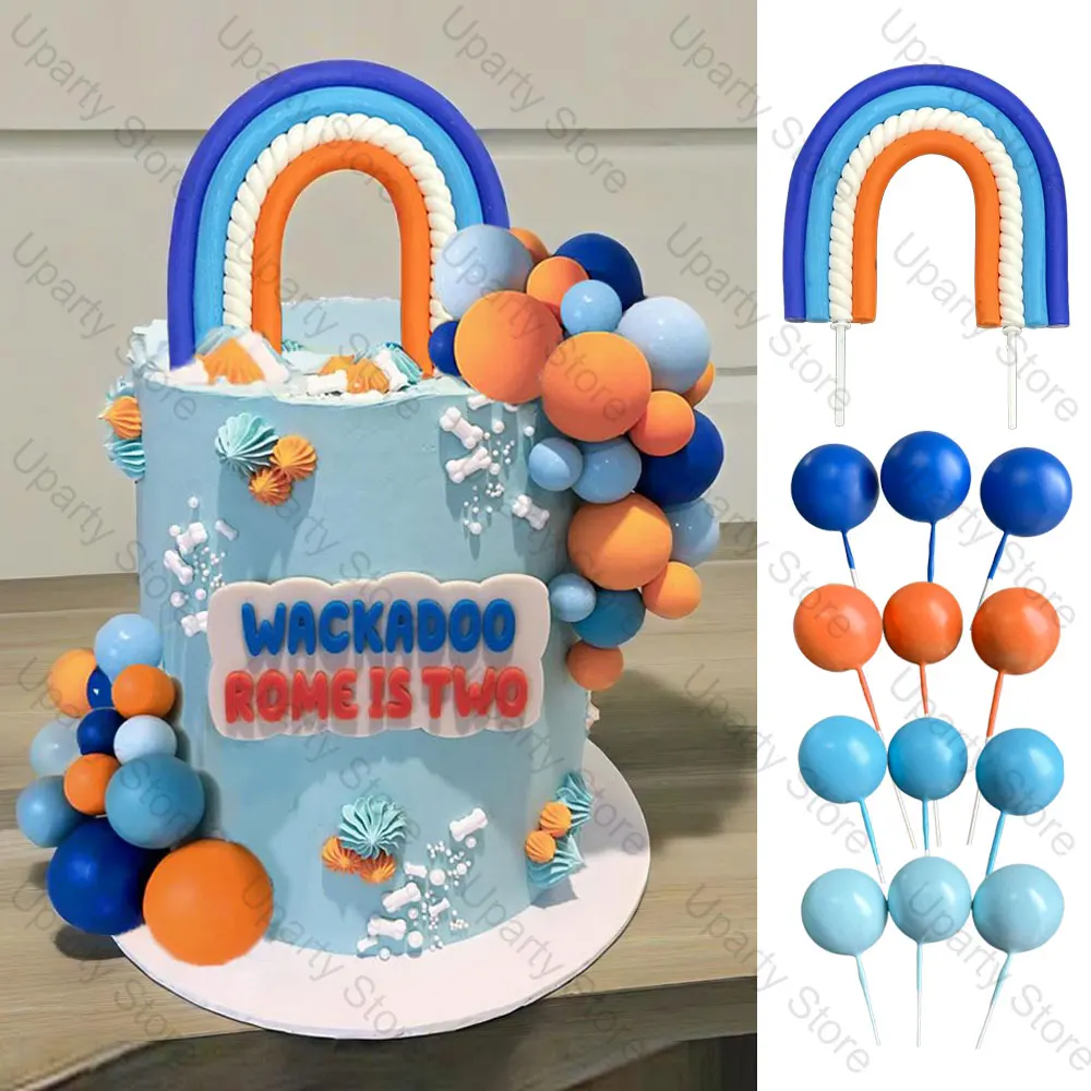 1 Set blaue Regenbogen-Kuchenaufsätze für Babys, Marineblau, Orange, Kuchenkugeln, Topper für Geburtstag, Babyparty, Cupcake, Kuchendekoration, Gastgeschenk