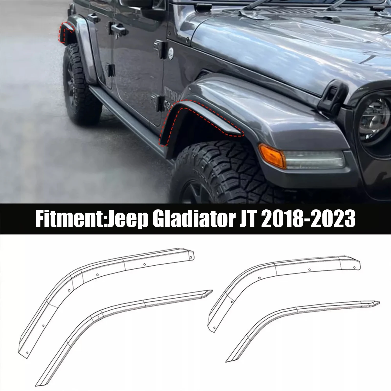자동차 전방 후방 펜더 플레어 확장 세트, 2018-2023 지프 랭글러 글래디에이터 JT 블랙 휠 아치 플랩 머드가드 스플래쉬, 4 개