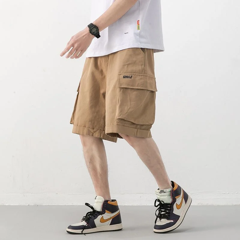 Summer Thin Men's Clothing Loose Oversized Fashion Casual Solid Color Trend Elastic Waist Drawstring Handsome Cargo Sports Short