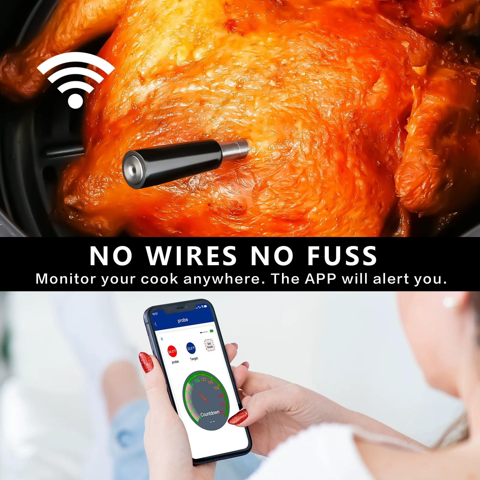 스마트 그릴 온도계 디지털 무선 블루투스 프로브, IP68 방수, 디스플레이 포함, 고기 요리 BBQ, 스테이크 오븐 스모커용