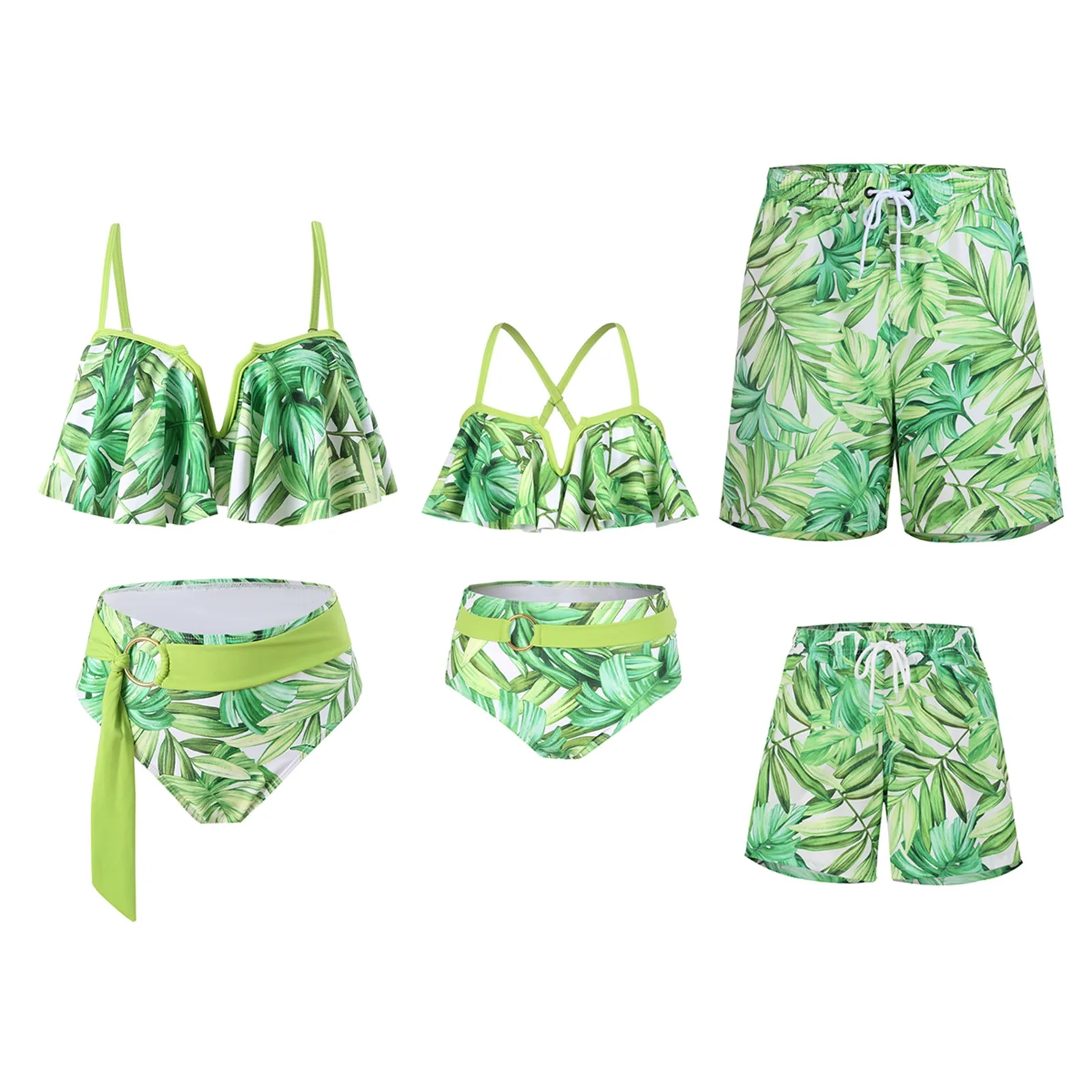 Leaf Print Swimwear Family Matching Outfits Look Mother Daughter Bikini Swimsuits Mommy and Me Clothes Dad Son Swimming Trunks 4