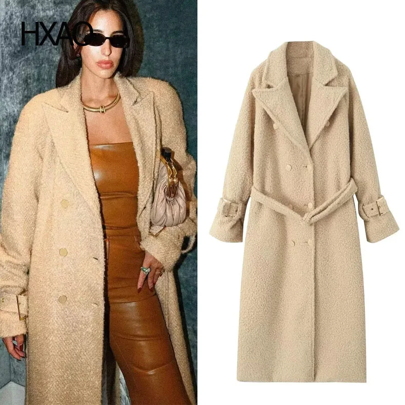 

HXAO Winter Coat For Women Teddy Duffle Wool Blend Coats With Belt Autumn Warm Long Cashmere Coats Female Woolen Loose Overcoat