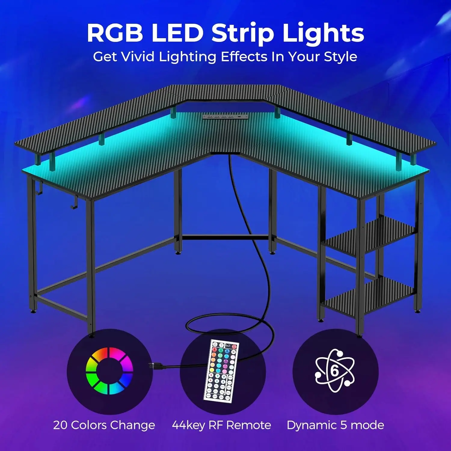 Rolanstar L Shaped Gaming Desk with LED Lights & Power Outlets, 56" Computer Desk with Full Monitor Stand & Storage Shelf, Corne 6