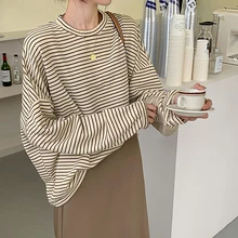 

Women Spring Top Shirt, Long Sleeve Striped Crew Neck Loose-Fit Pullovers, Ladies Fall/Winter Baggy Tops