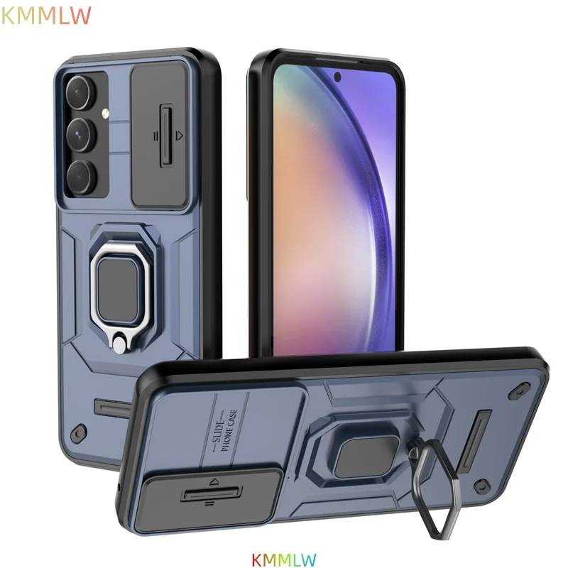 Shockproof Magnetic Ring Holder Armor Case with Slide Lens Camera Protection Cover