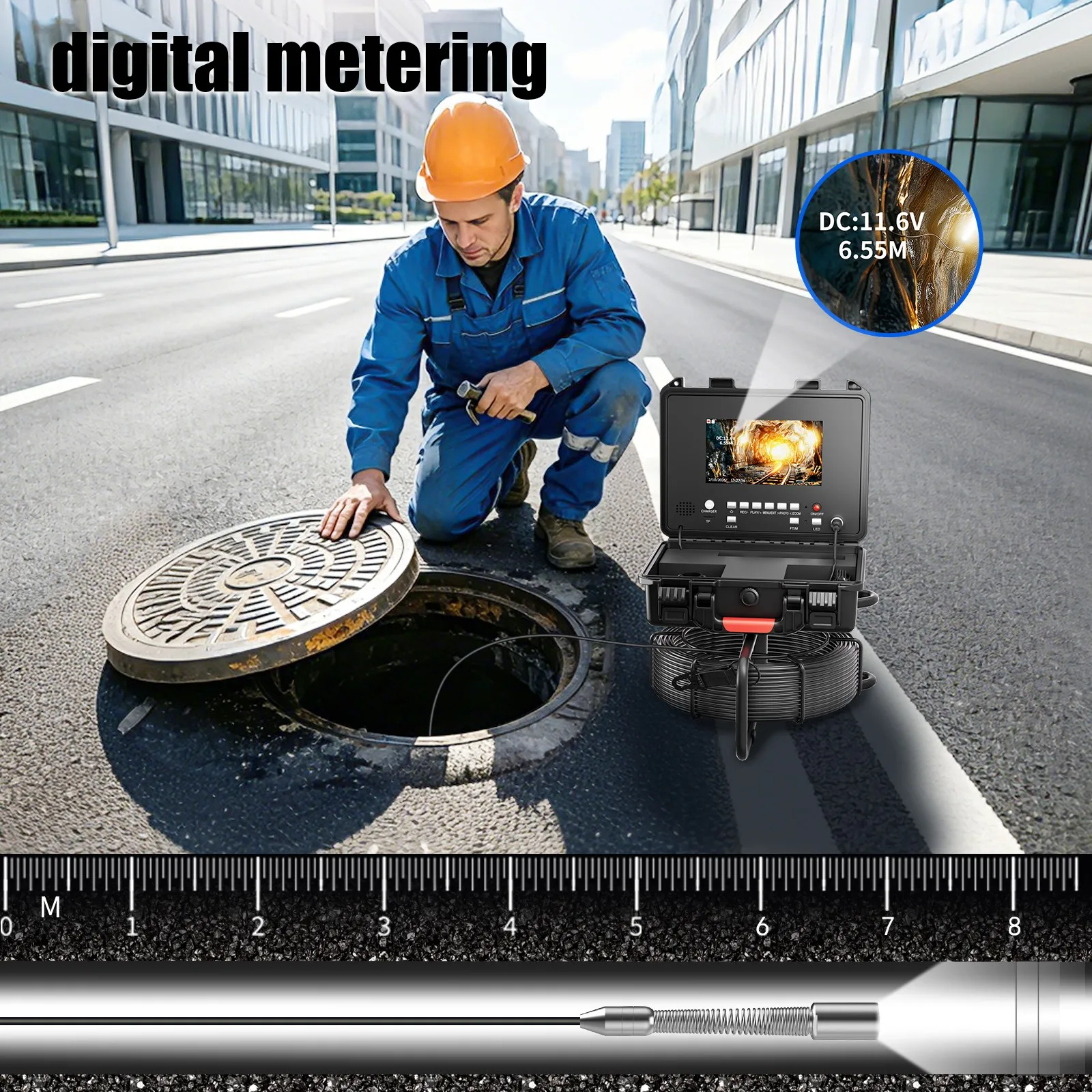 7인치 IPS 1080P 하수관 검사 카메라-512HZ 로케이터 자동 수평 조절, 미터 카운터 산업용 파이프라인 내시경 20/30/50M