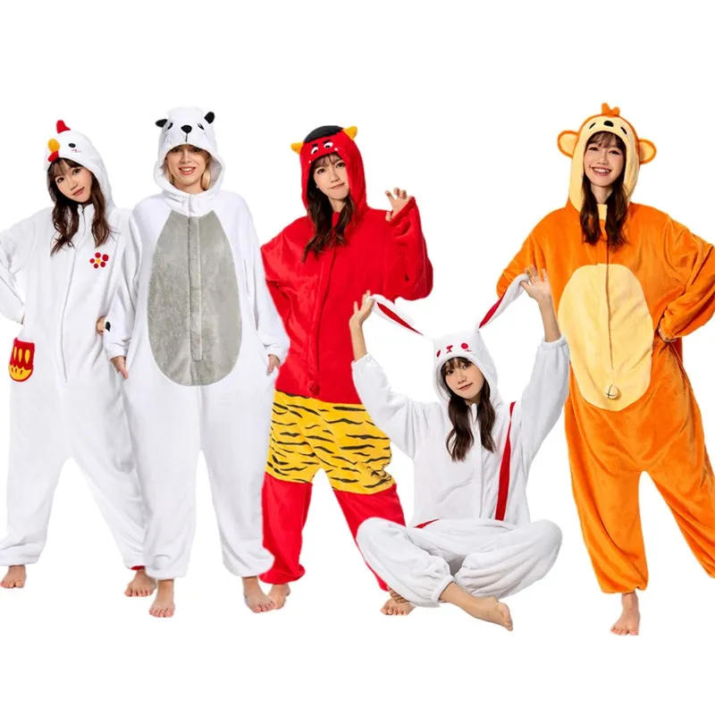 

Adult Polar Bear Cosplay Flannel Sleepwear Cartoon Animal Chicken Hooded Jumpsuit Costume Outfits Halloween Carnival Party Suit