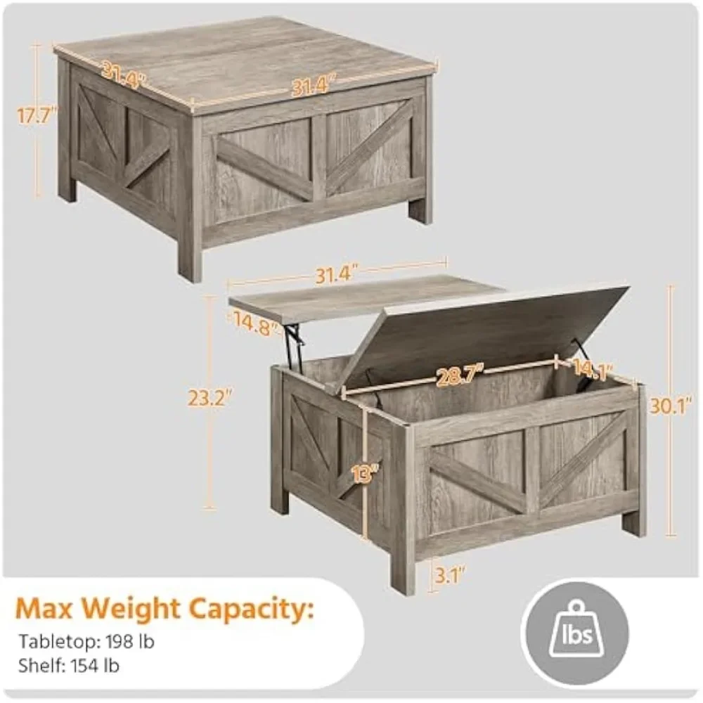 Lift Top Coffee Table, Square Farmhouse Coffee Table with Hidden Storage Compartment, Wood Center Table for Living Room, Gray 3