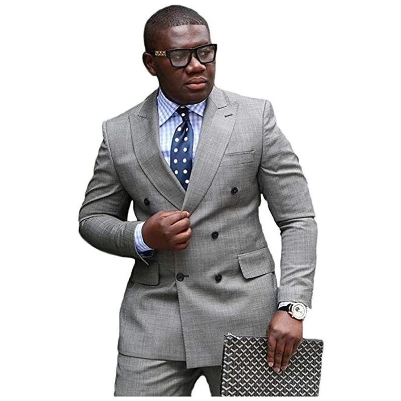 

Double Breasted Gray Men Suits For Business Slim Fit 2 Piece Custom Wedding Groom Tuxedo African Male Fashion Costume 2023