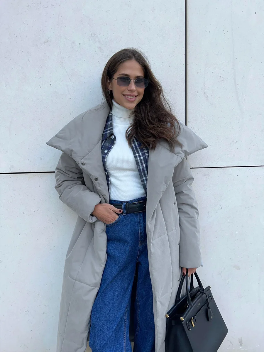 Winter Female Parkas Outwear Loose Lace-Up High Waist Long Sleeve Pocket Lapel Bandage Coat For Women Solid Parkas