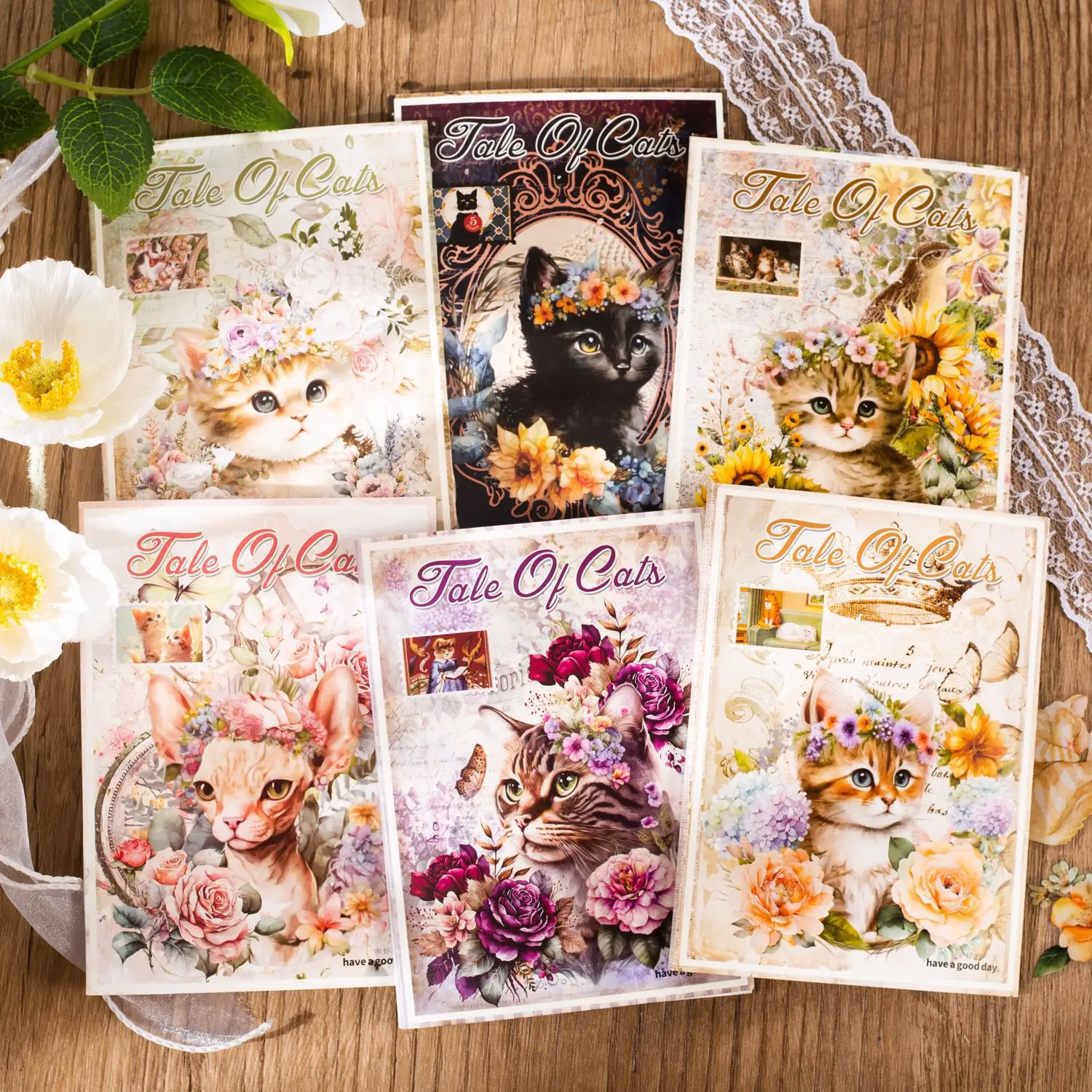 

6 Packs Total 420PCS Vintage Fashion Floral Animal Cats Theme Stickers Set DIY Scrapbooking Journaling Diary Decoration Gift