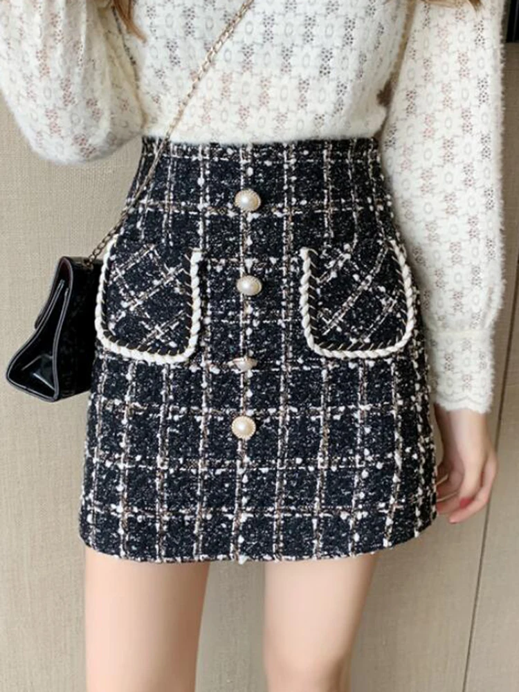 

Autumn Winter Women's Skirts Korean Style Plaid Tweed Skirt New Slim High Waist A-line Female Skirt LL823