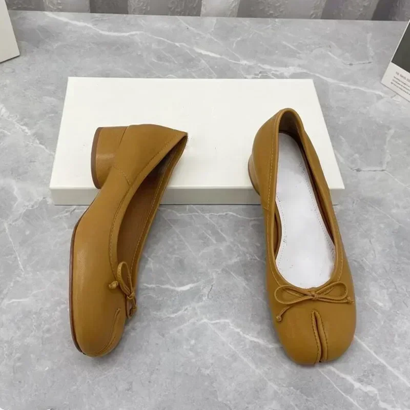 European and American Spring/Summer Split Toe Single Shoes Women's Mid Heel Shallow Mouth Sheepskin Pig Feet Shoes women shoes split toe shoes