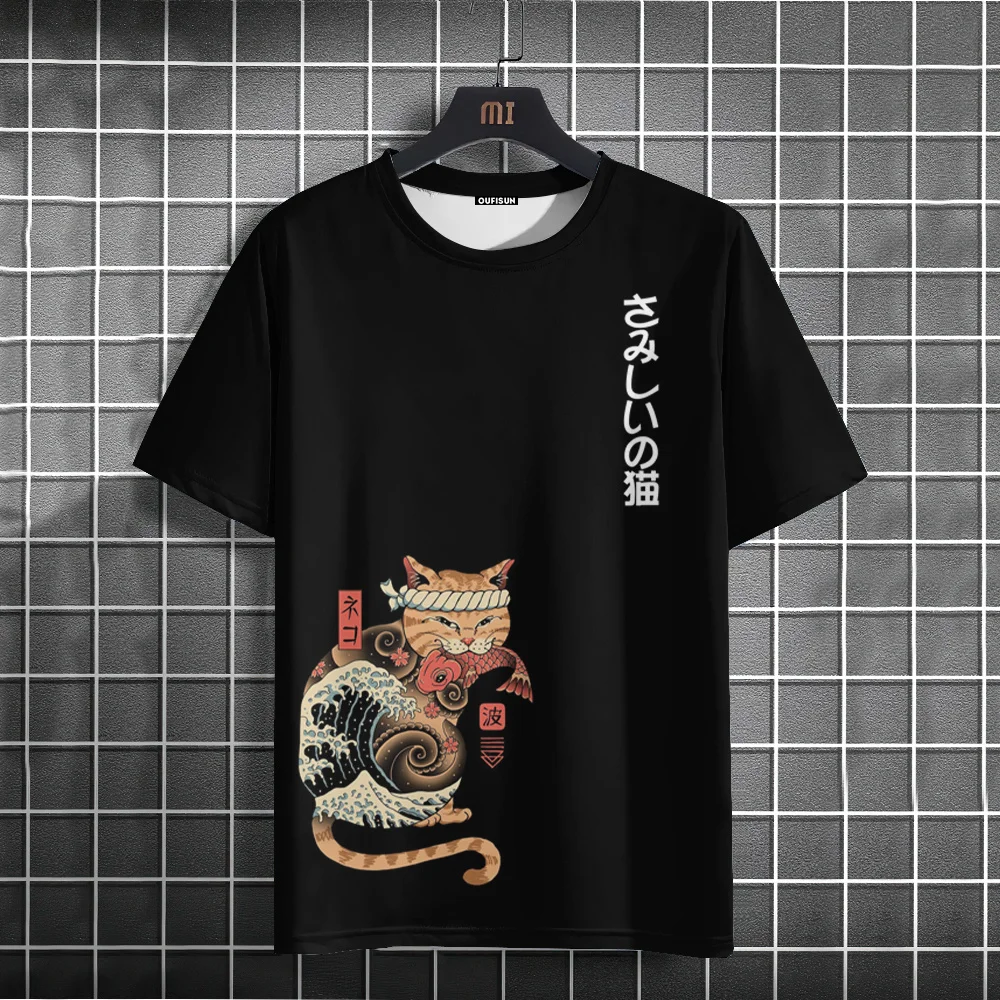 

Japanese T-Shirt Men Short Sleeve T Shirt Tops Fashion T Shirt New O Neck Clothing Casual New Samurai Cat Mens Blouse