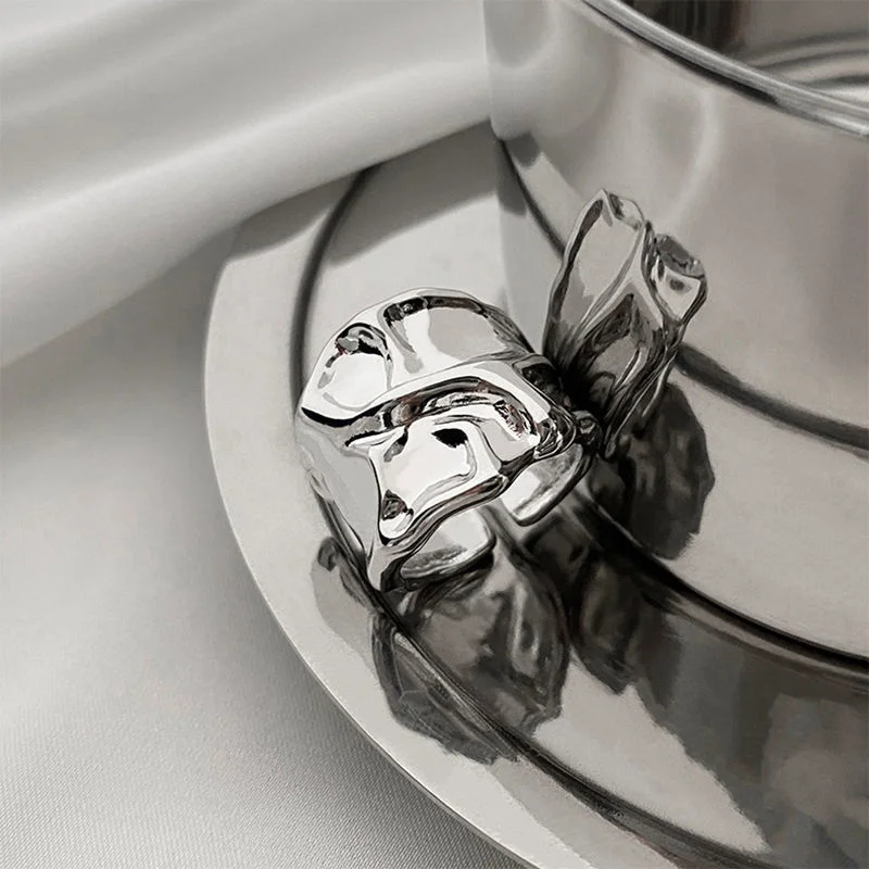 2025 Fashion Style Women's silver stainless steel unusual metal geometric opening ring, 2 pieces._voghion.com